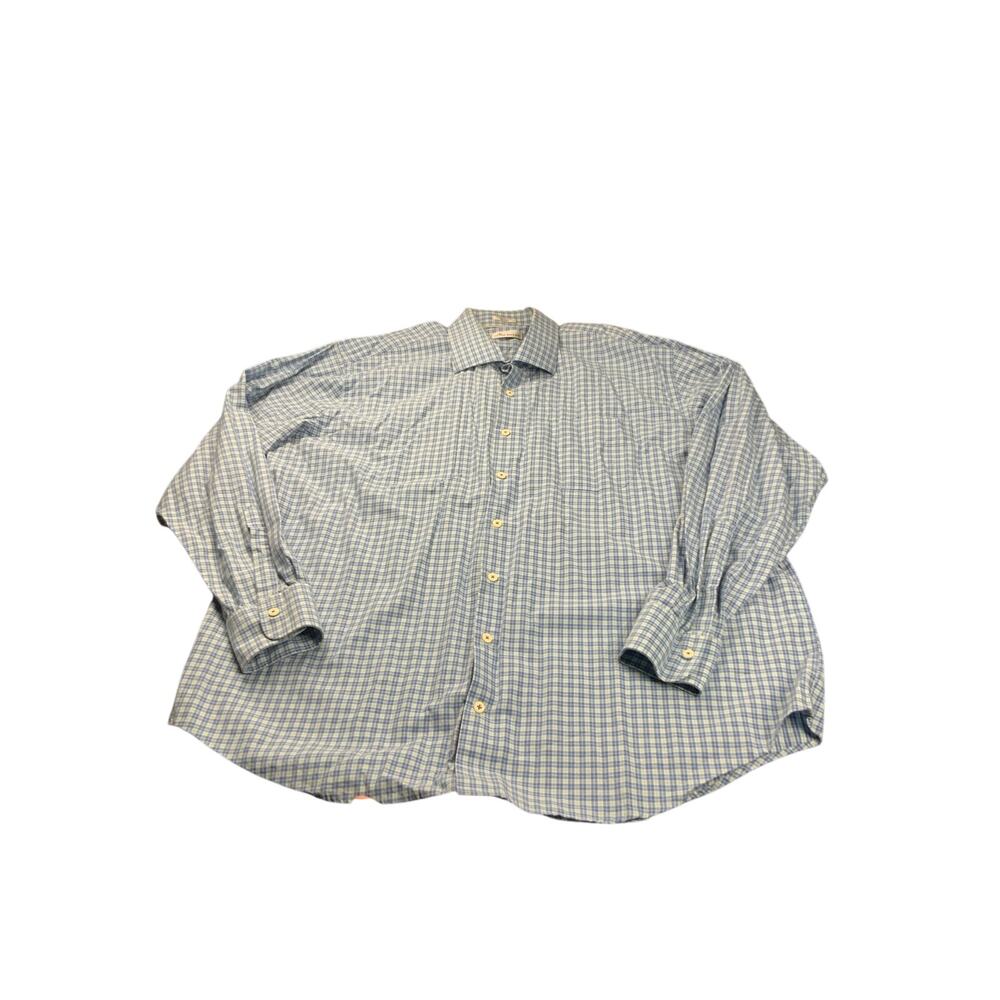 Peter Millar Mens XXL Blue Plaid Button Front Dress Shirt 100% Cotton XXL